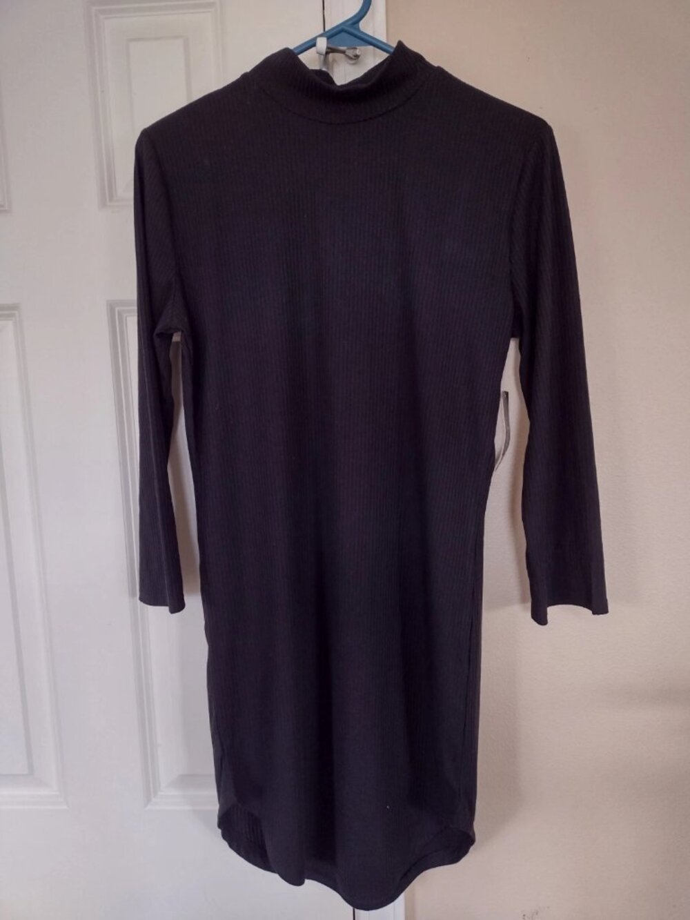 Justify Ribbed High Neck Shift Dress, Black, Long Sleeve Knee-Length, Womens L